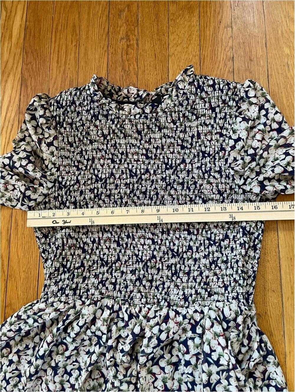Lulus Floral Forever Navy Blue Beige Smocked Long Sleeve Mini Dress Medium - Picture 6 of 9